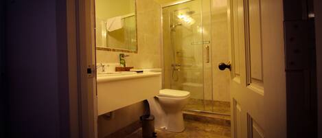 Une salle de bain équipée de toilettes, d’un lavabo, d’un miroir et d’une douche à parois en verre.