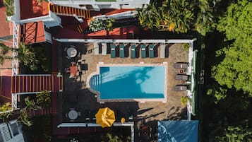 Outdoor pool, pool umbrellas, pool loungers