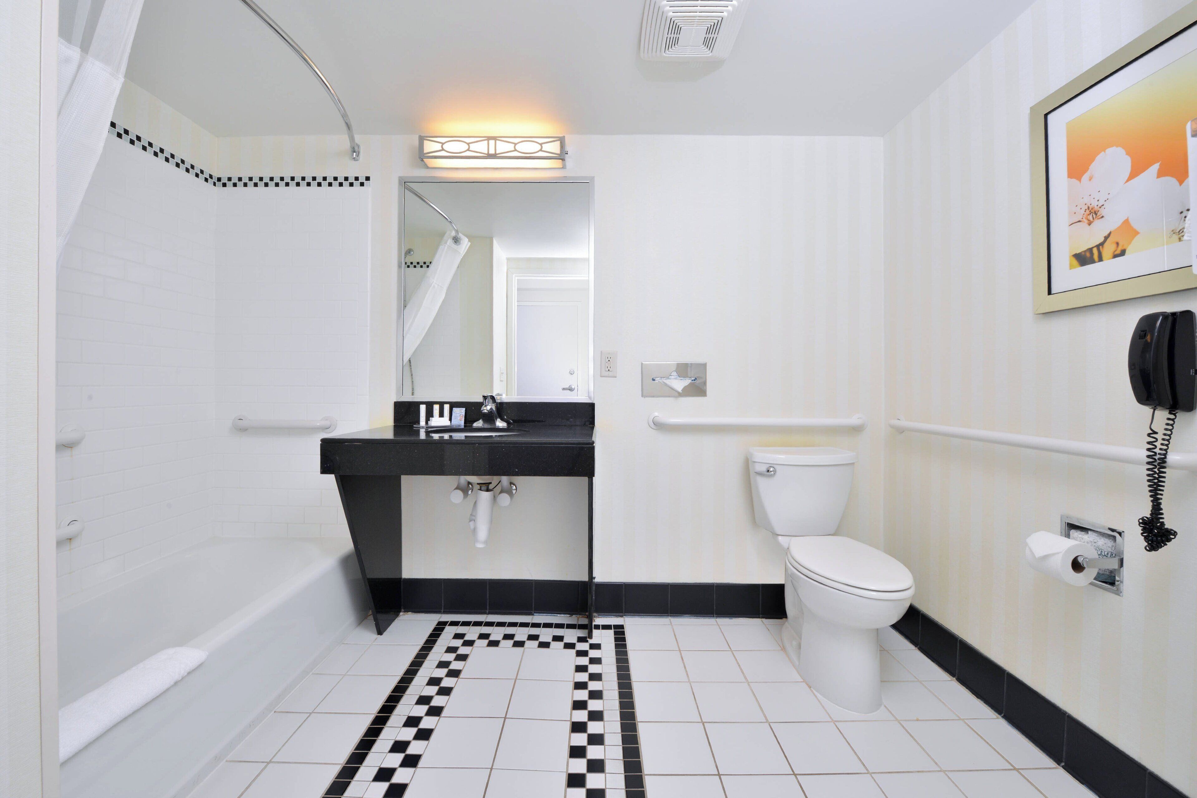 combined shower/bathtub, free toiletries, hair dryer, towels