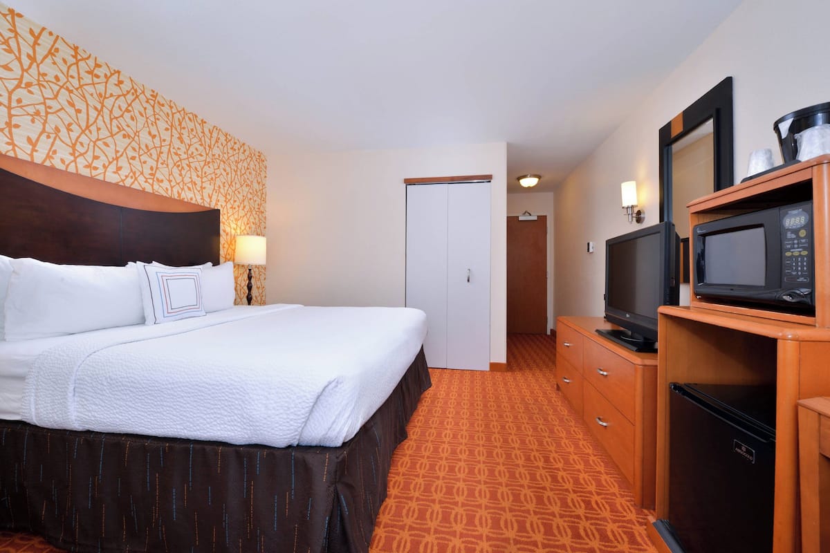 A hotel room with a large bed, a television, a refrigerator, and a microwave.