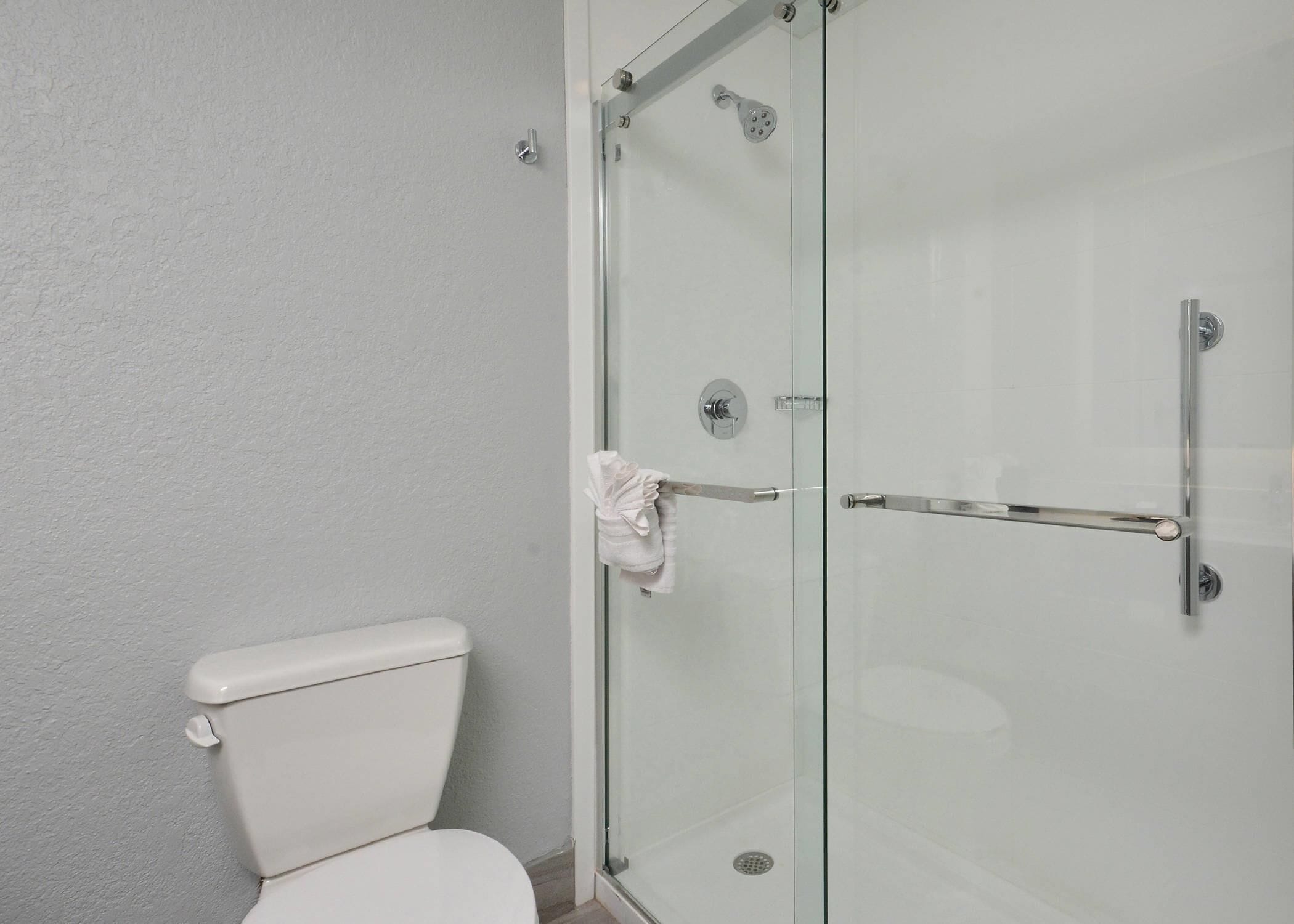 Een badkamer met een douchecabine van glas, een wit toilet en een handdoek aan de douchedeur.