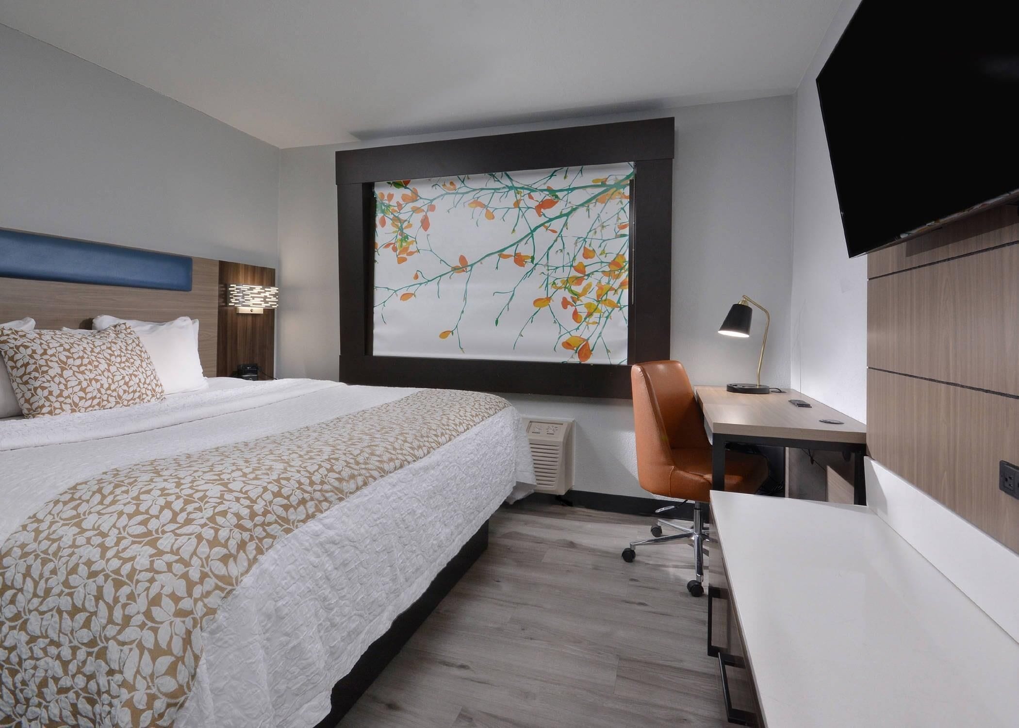 A hotel room with a bed, desk, chair, and a large window with a view of trees.