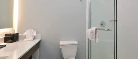A bathroom with a toilet, a glass shower enclosure, and a vanity with a mirror.