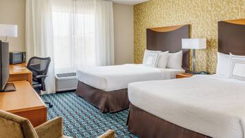 Desk, laptop workspace, blackout drapes, iron/ironing board