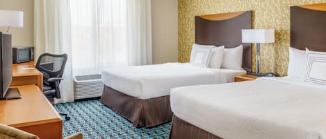 Desk, laptop workspace, blackout drapes, iron/ironing board