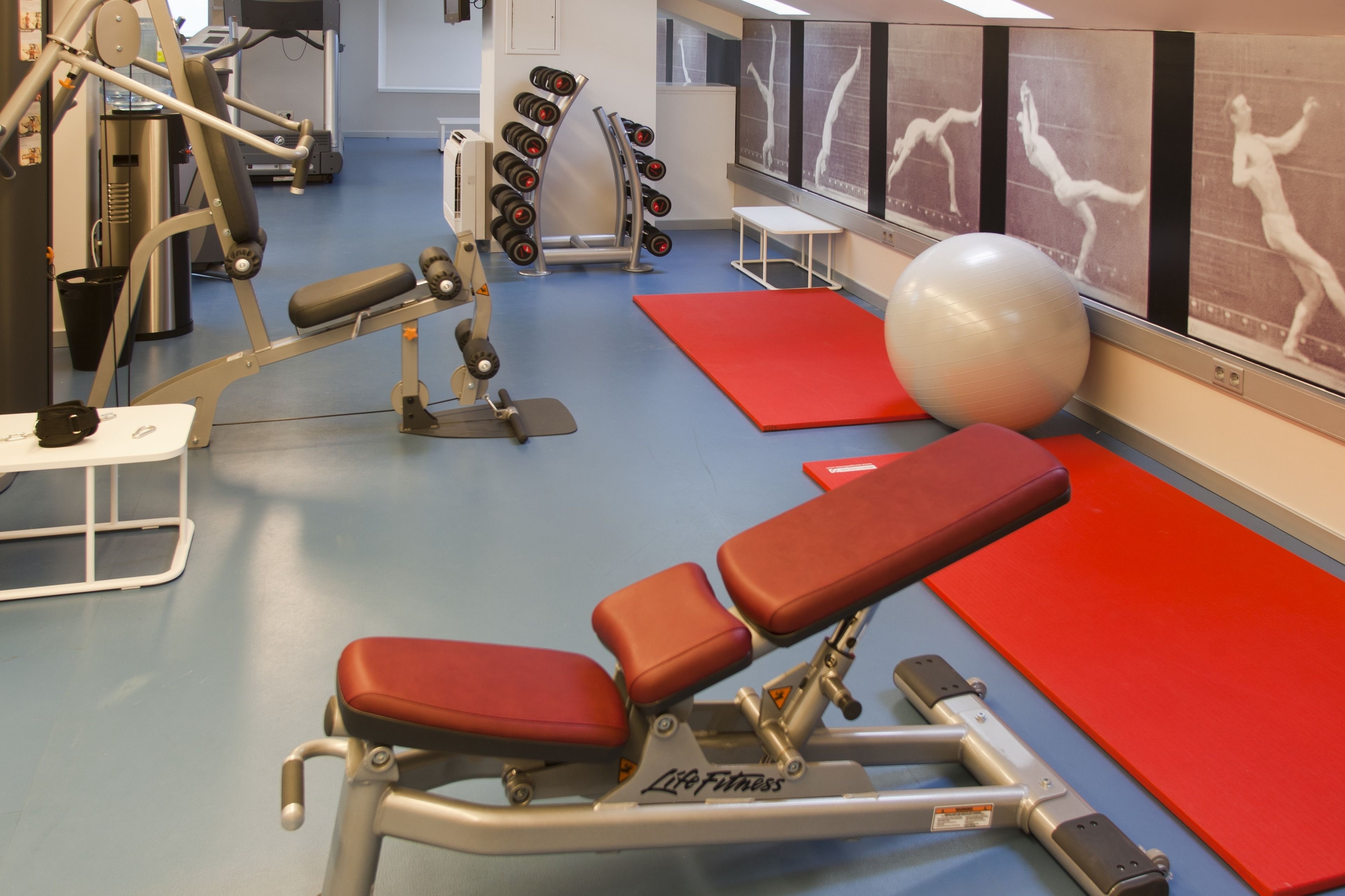 Een sportschool met trainingsapparatuur, rode matten en een grote fitnessbal.