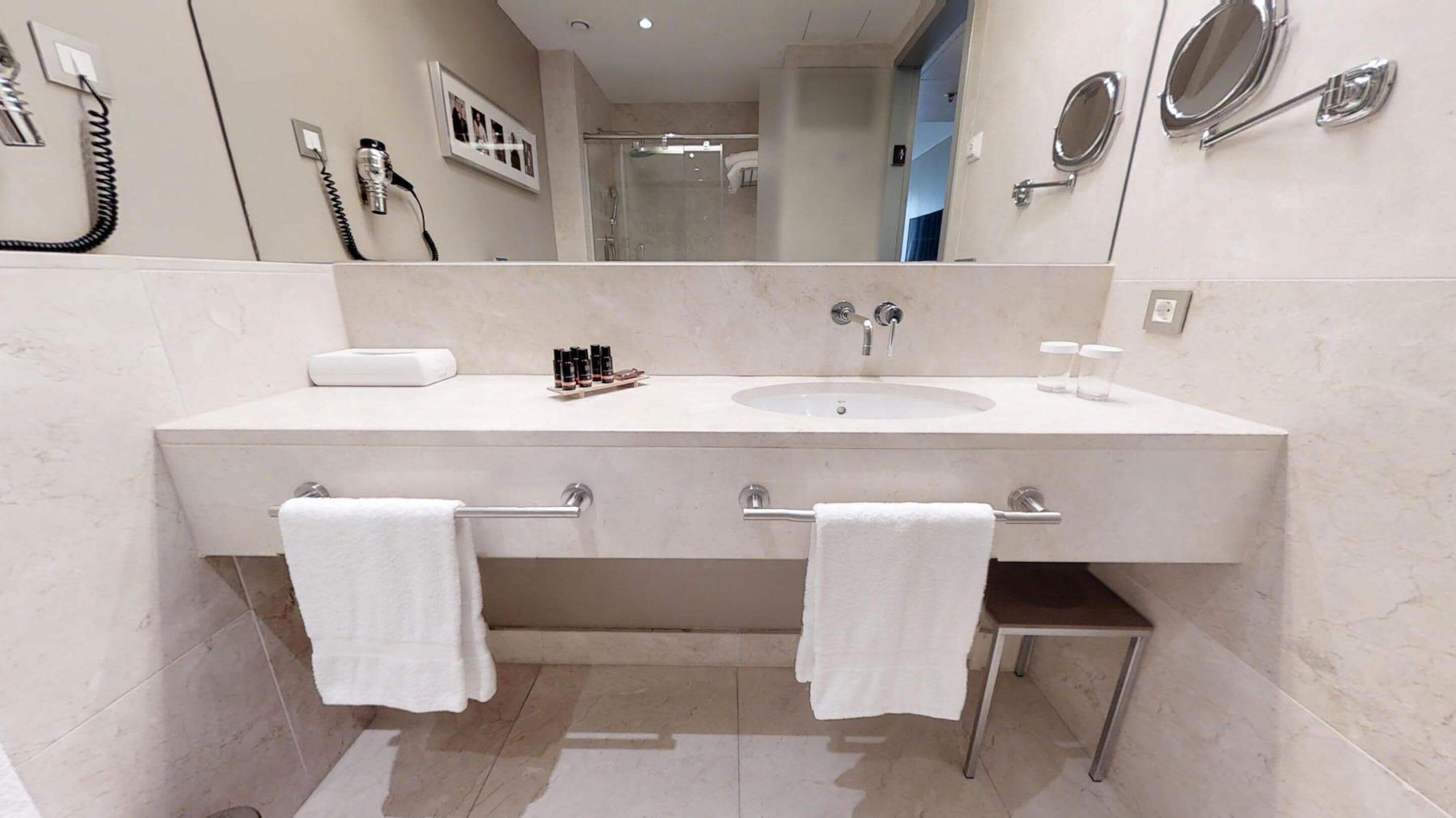 hair dryer, bidet, towels