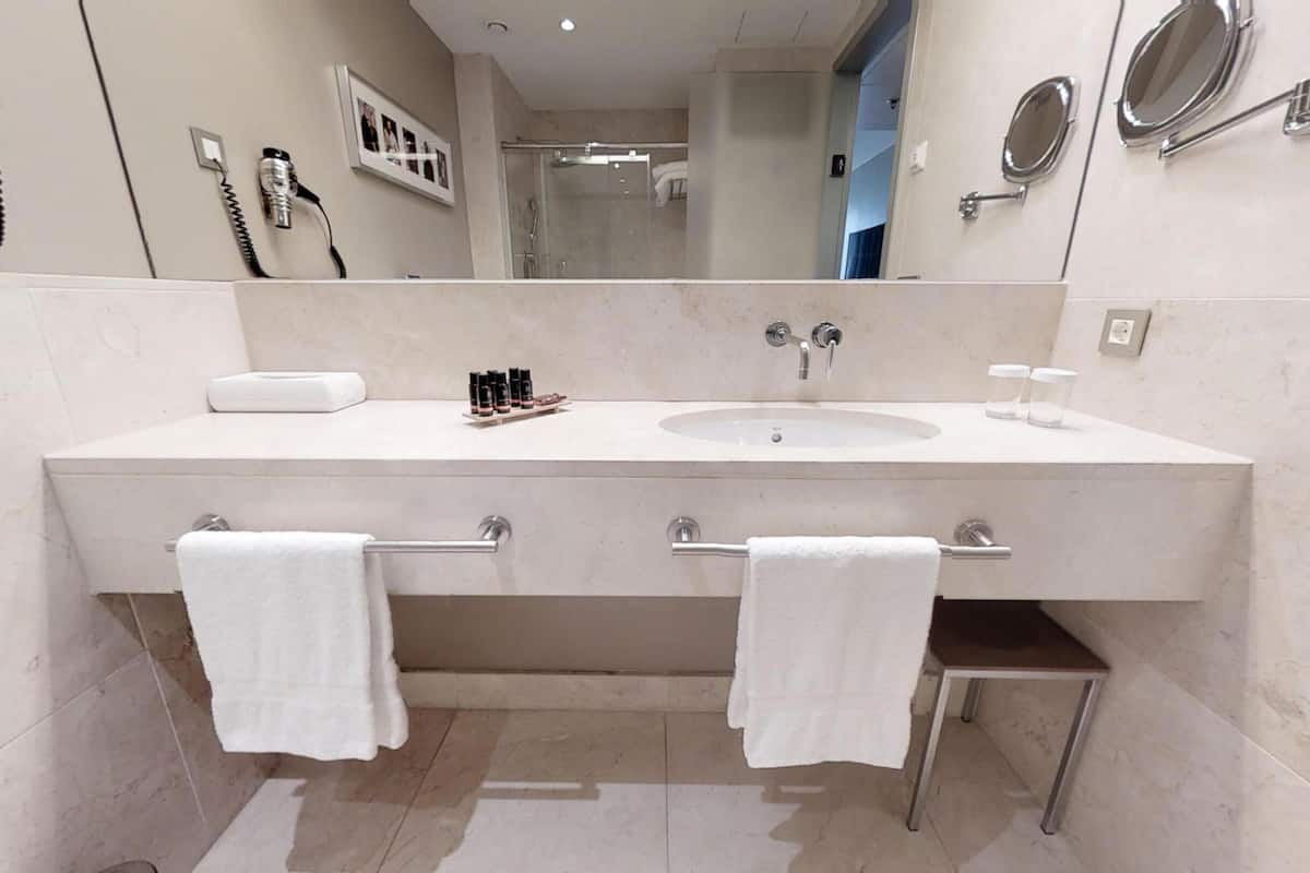 hair dryer, bidet, towels