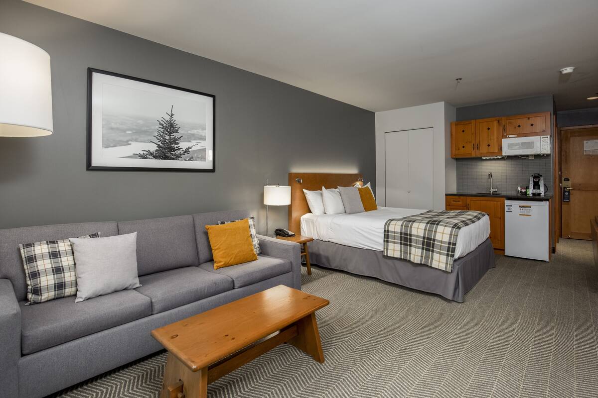 Ein Hotelzimmer mit grauem Sofa, einem Holztisch, einem Bett mit weißer und karierter Bettdecke, einem grauen Teppich, einem gerahmten Bild an der Wand und einer Küchenzeile mit Holzausstattung und einer Mikrowelle.