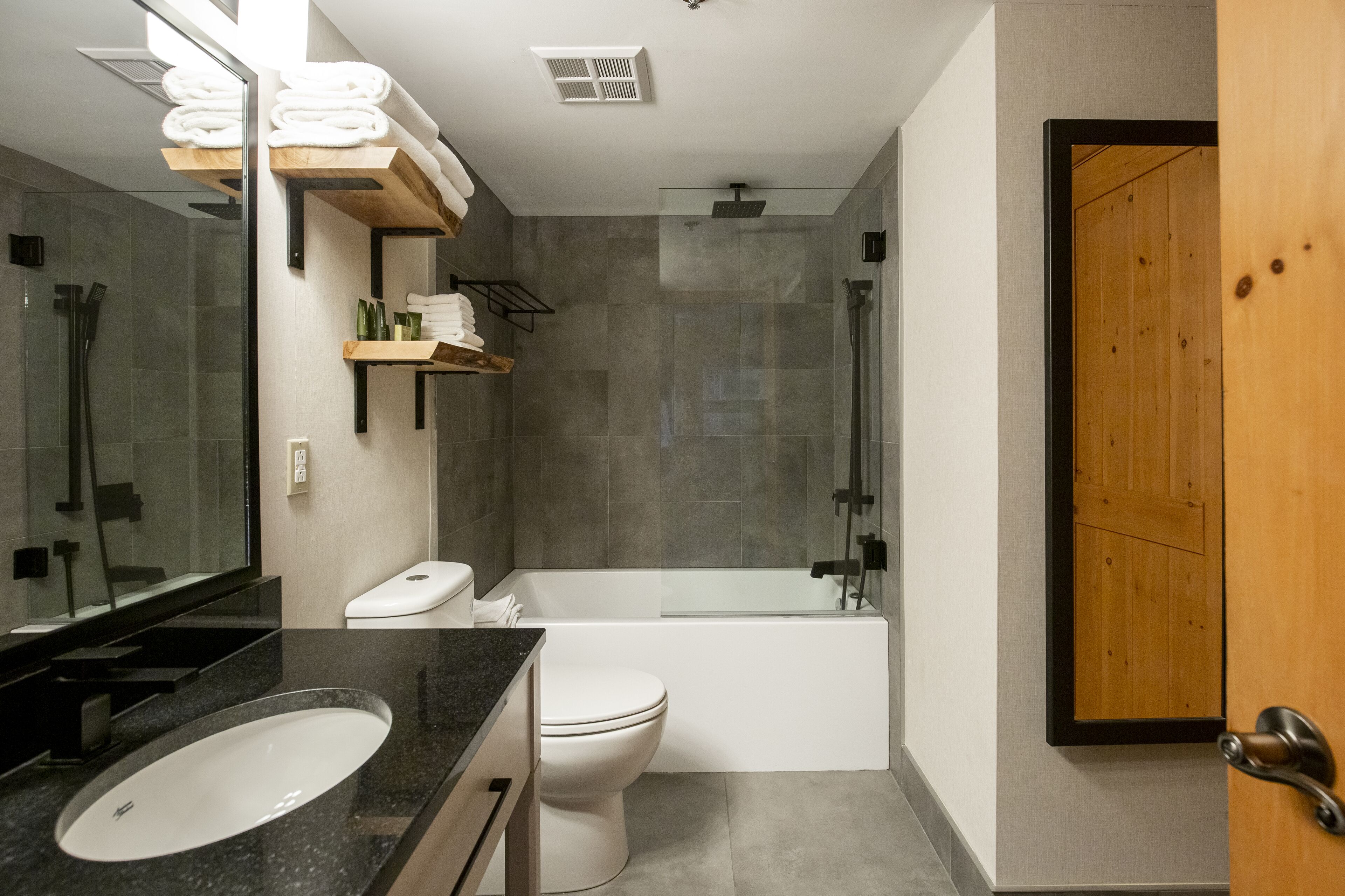 combined shower/bathtub, free toiletries, hair dryer, towels