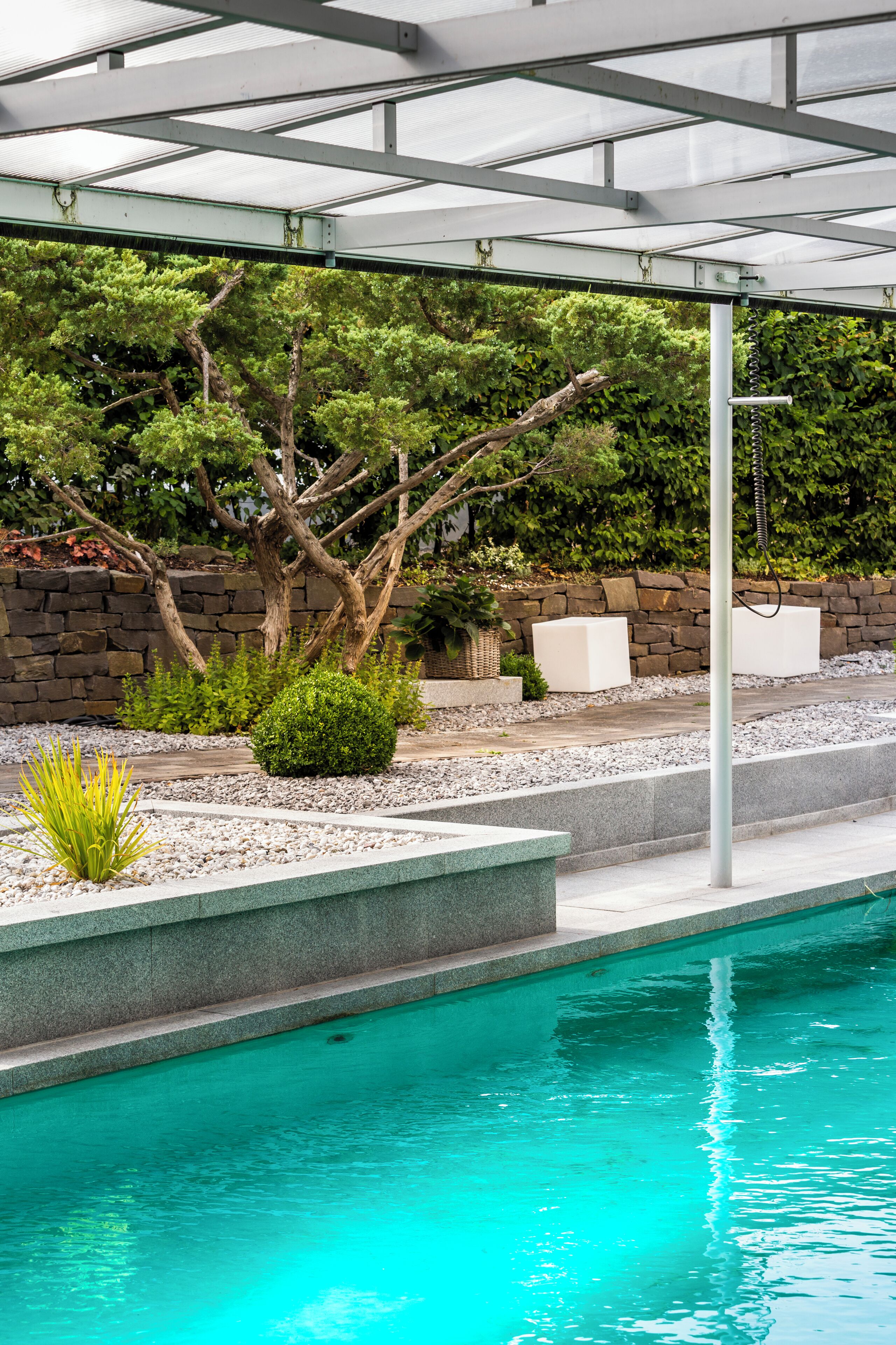 seasonal outdoor pool, pool umbrellas, pool loungers