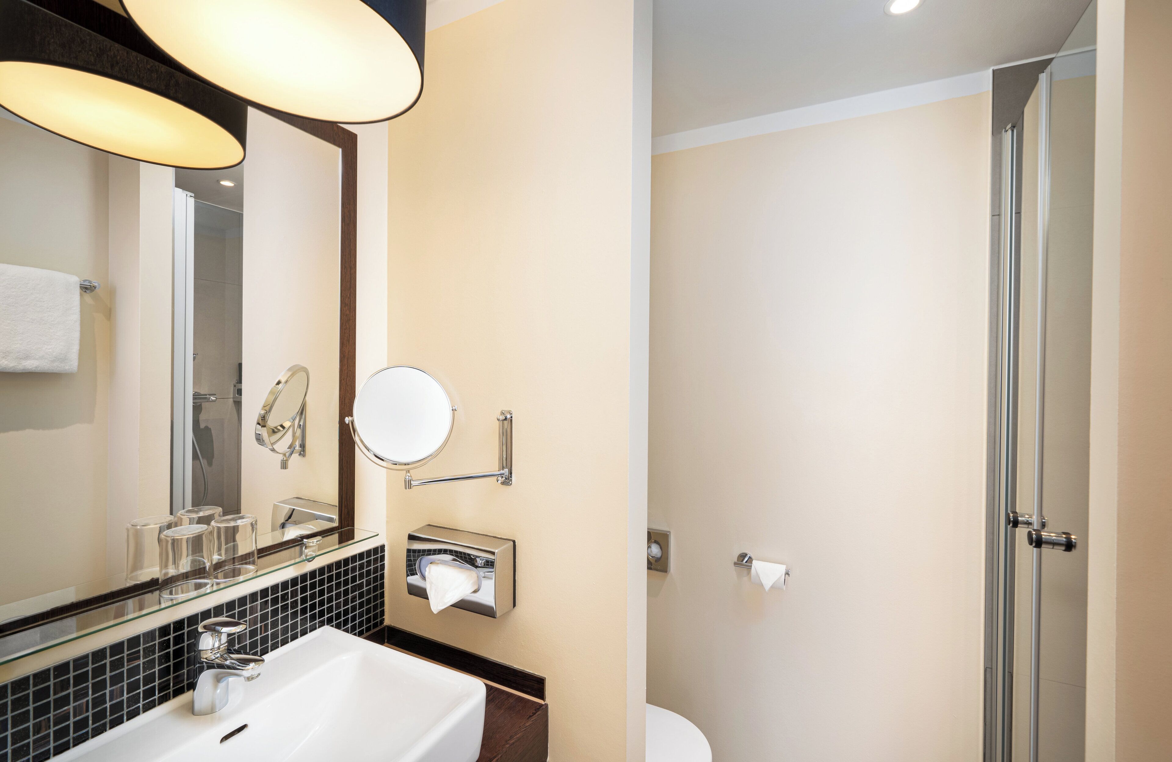 combined shower/bathtub, free toiletries, hair dryer, towels