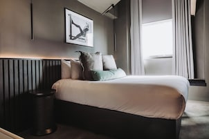 A modern bedroom with a large bed, a bedside table, a wall-mounted picture, and a window with curtains.