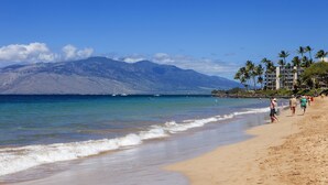Una playa con agua azul cristalina, una montaña al fondo y algunos edificios con palmeras.