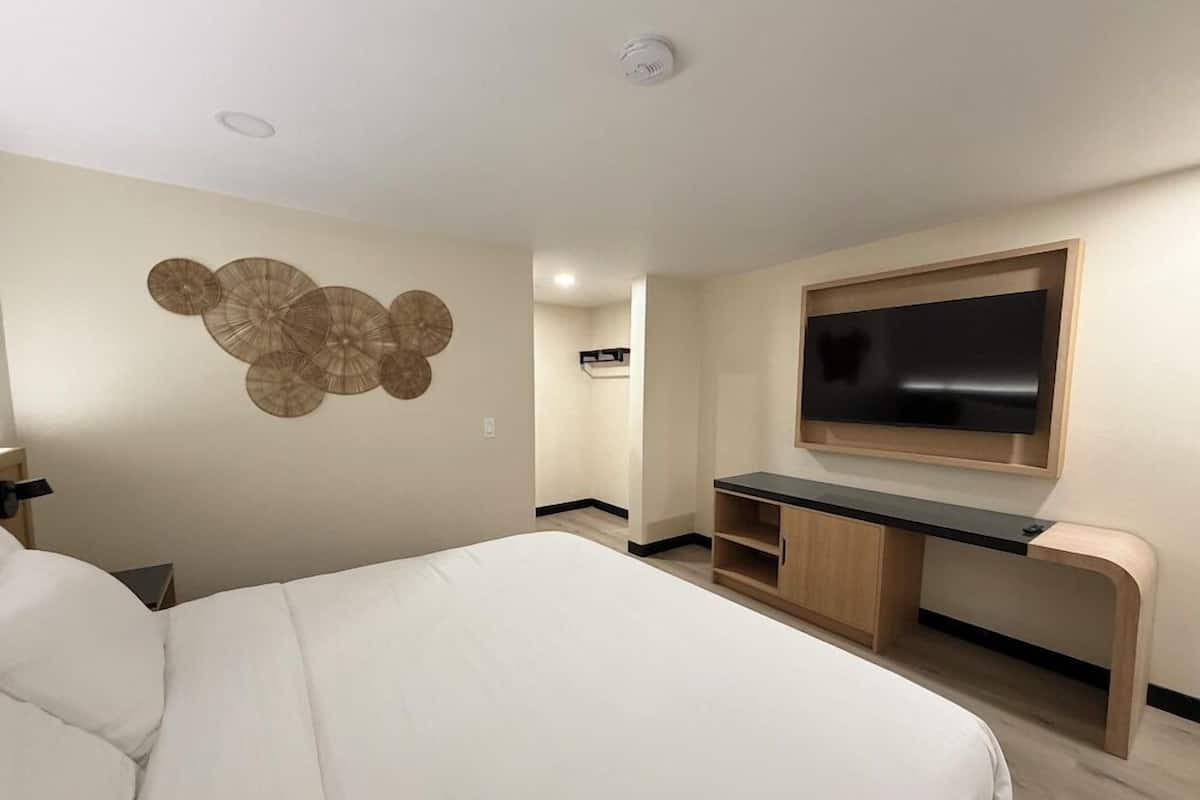 Ett hotellrum med en säng, en tv som är monterad på en träkonsol och ett konstverk på väggen.