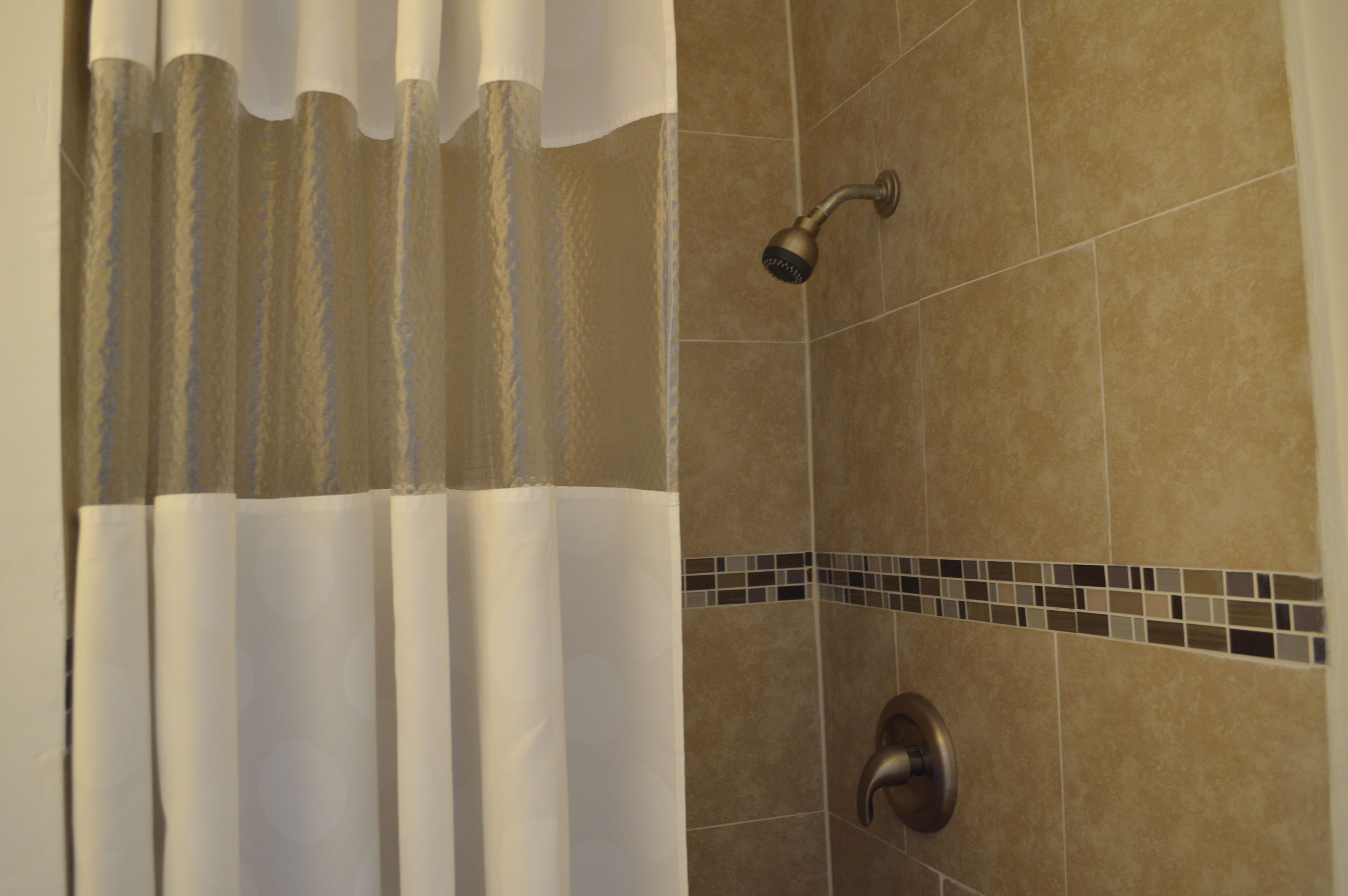 A shower area with a showerhead, a curtain, and a tiled wall with a mosaic border.