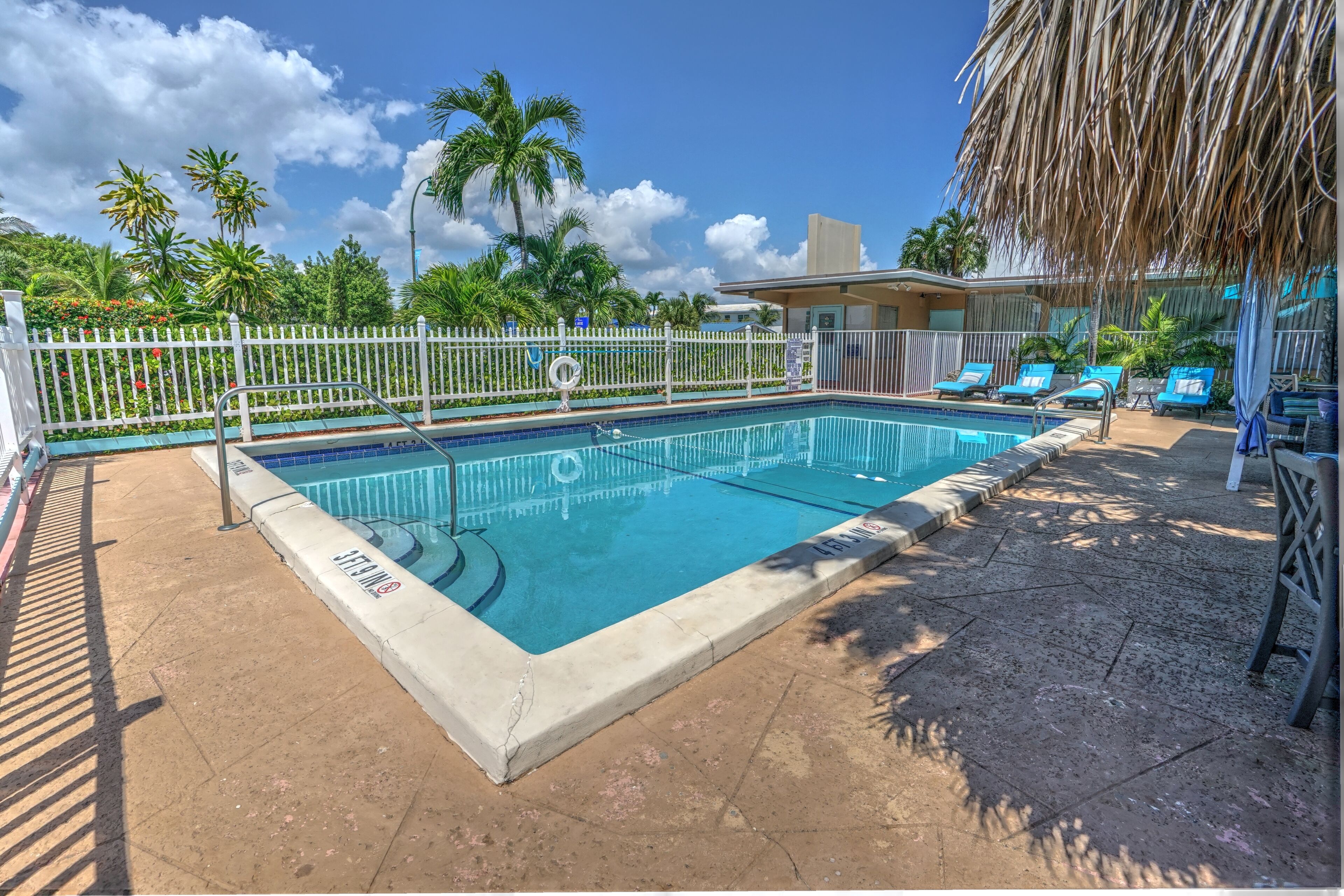 A swimming pool with a white fence, lounge chairs, and palm trees in the background.