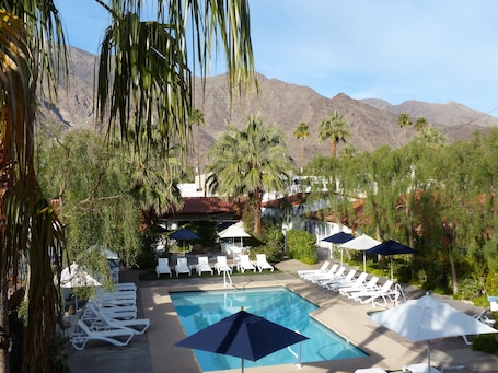 Outdoor pool, open 8 AM to midnight, pool umbrellas. Alcazar Palm Springs