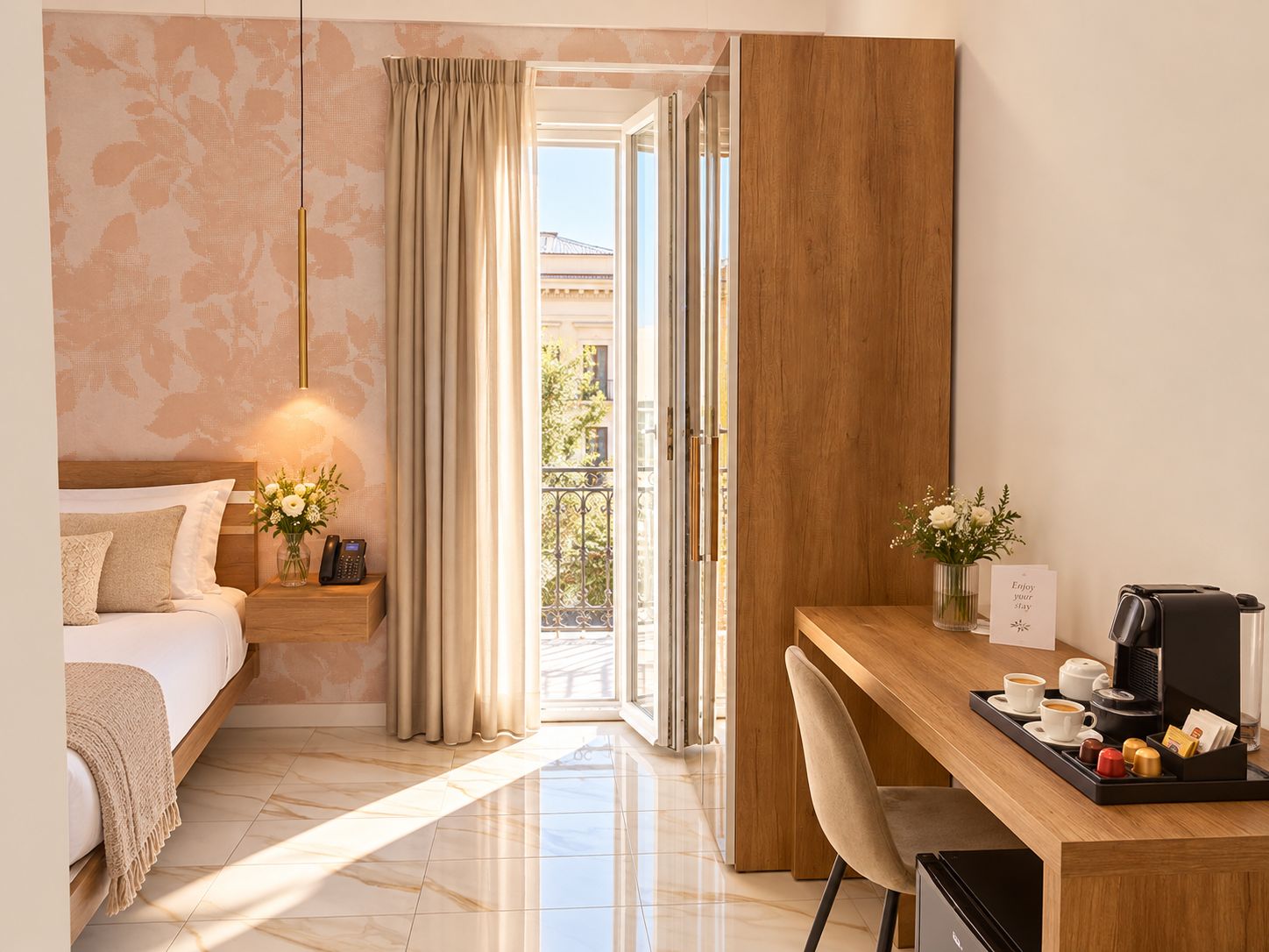 A hotel room with a bed, bedside table with a phone, a desk with a coffee maker, and a view of the outside.