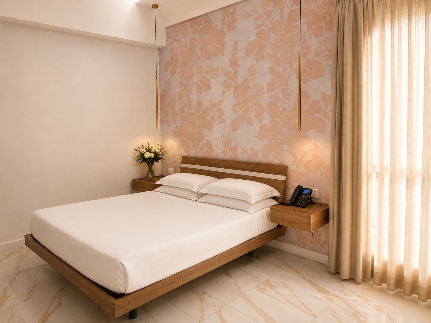 A modern bedroom with a wooden bed, bedside tables, a wall-mounted phone, and a vase with flowers.
