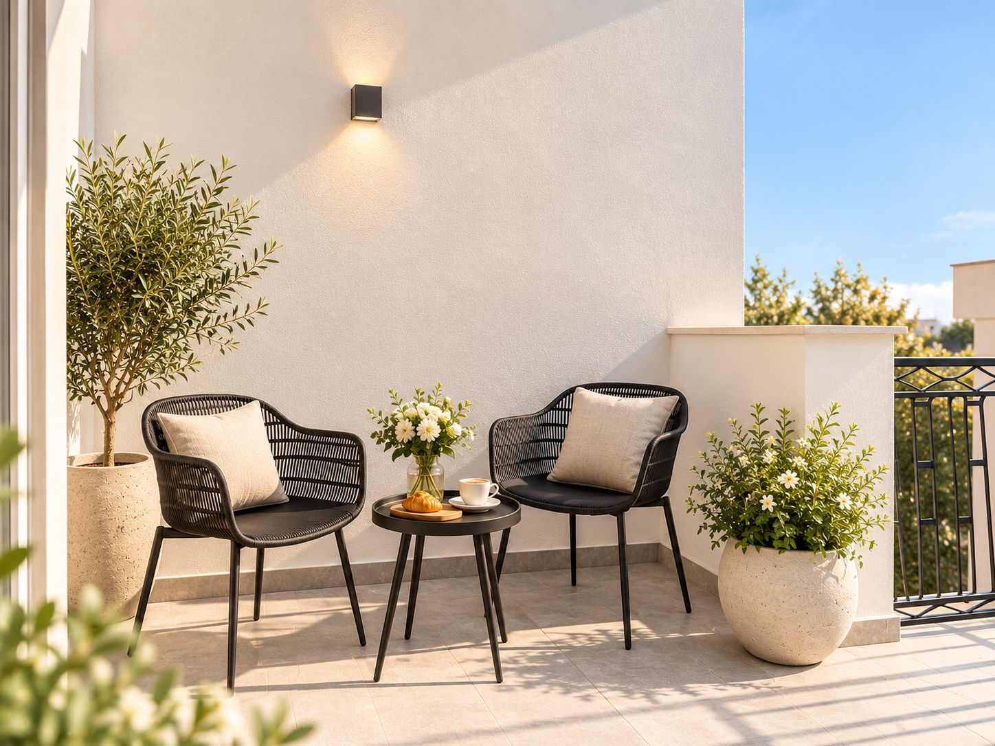 A balcony with two wicker chairs, a small round table with a vase of flowers, and potted plants.
