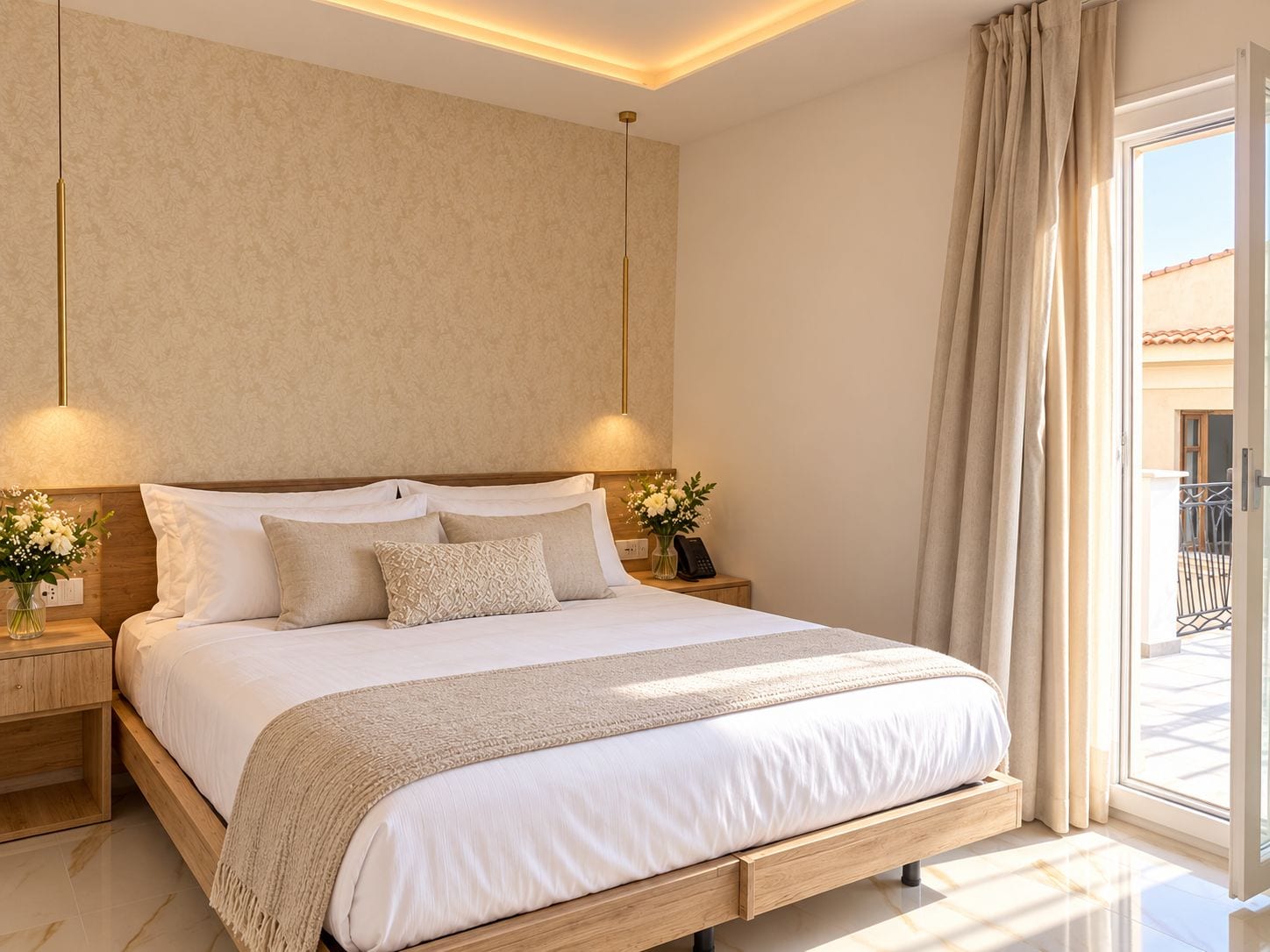 Un dormitorio moderno con una cama grande, lámparas de noche, una mesita de noche y vistas al exterior.