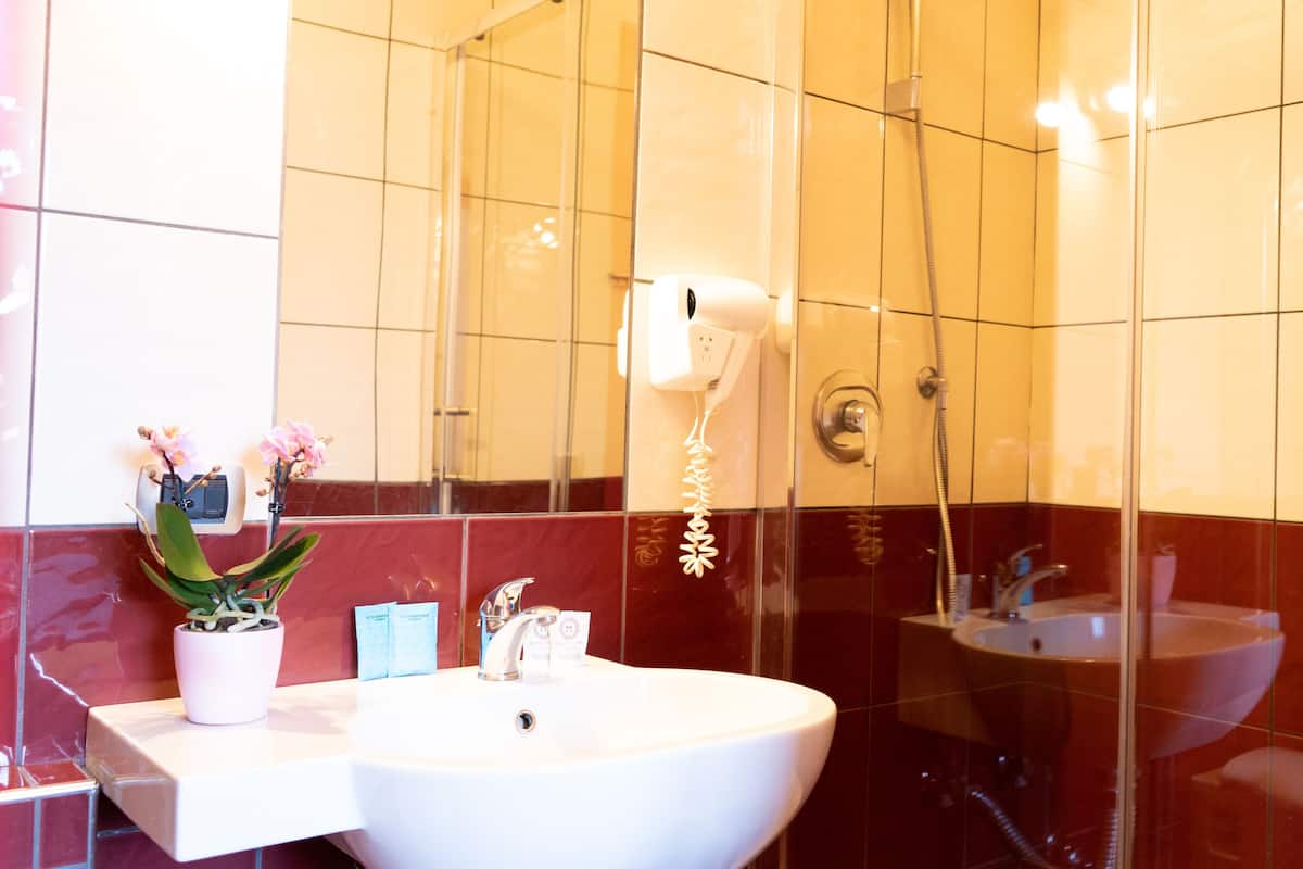 Une salle de bain avec un lavabo blanc, une douchette et des toilettes.