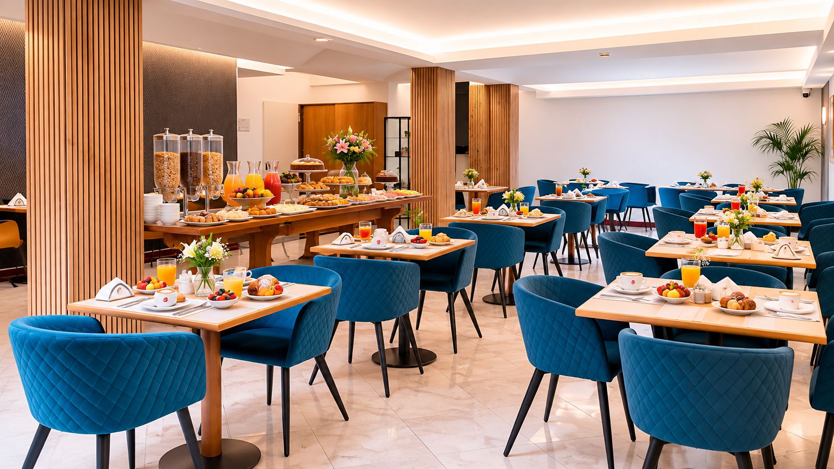 Een restaurantgedeelte van een hotel, met meerdere tafels en stoelen, ontbijtopties en een buffet met diverse gerechten.