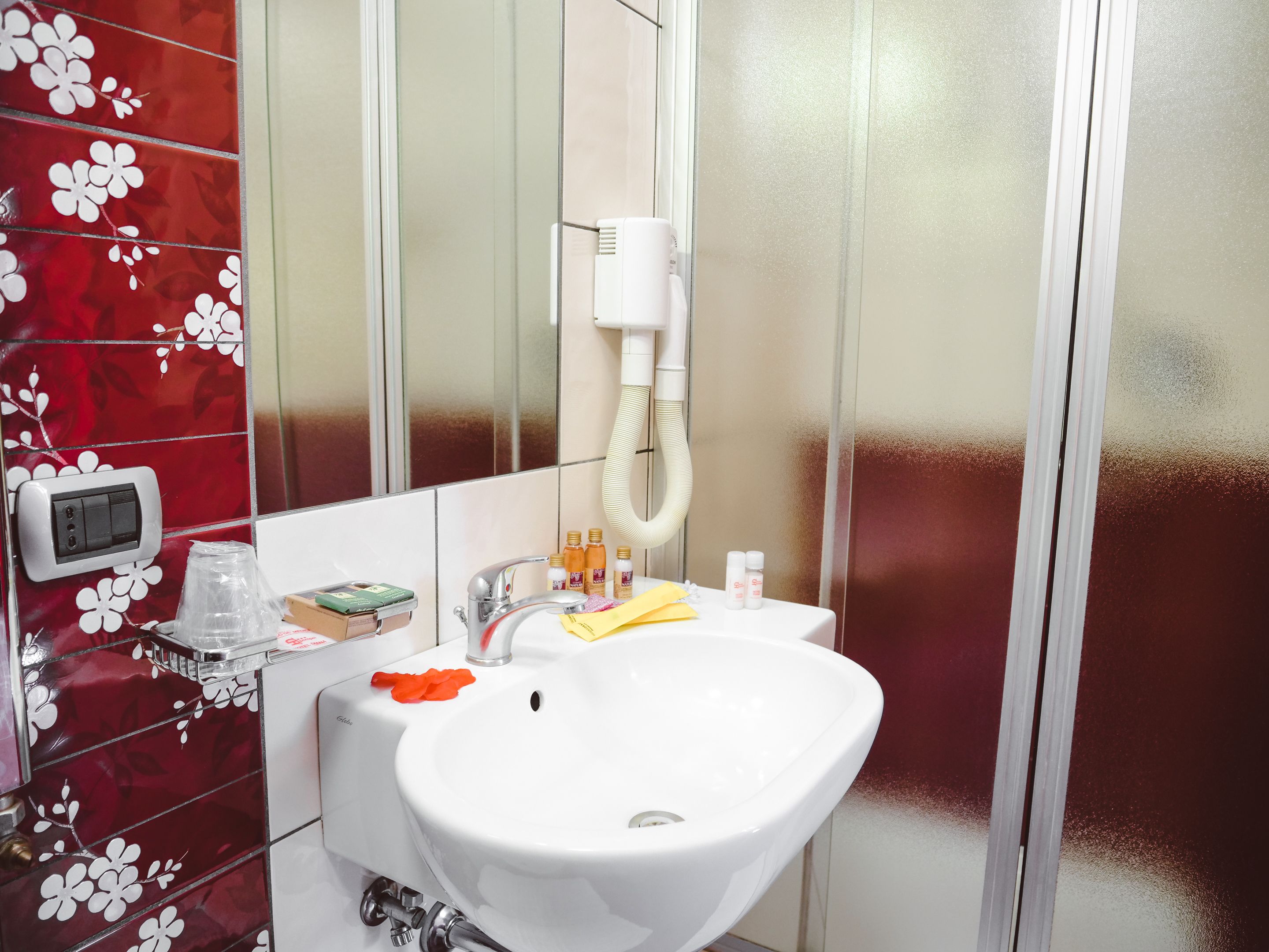 Une salle de bain avec un lavabo blanc, un miroir, un sèche-cheveux et un pare-chocs mural à motifs floraux rouges.