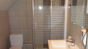 A bathroom with a toilet, a glass-enclosed shower, and a sink with a mirror.