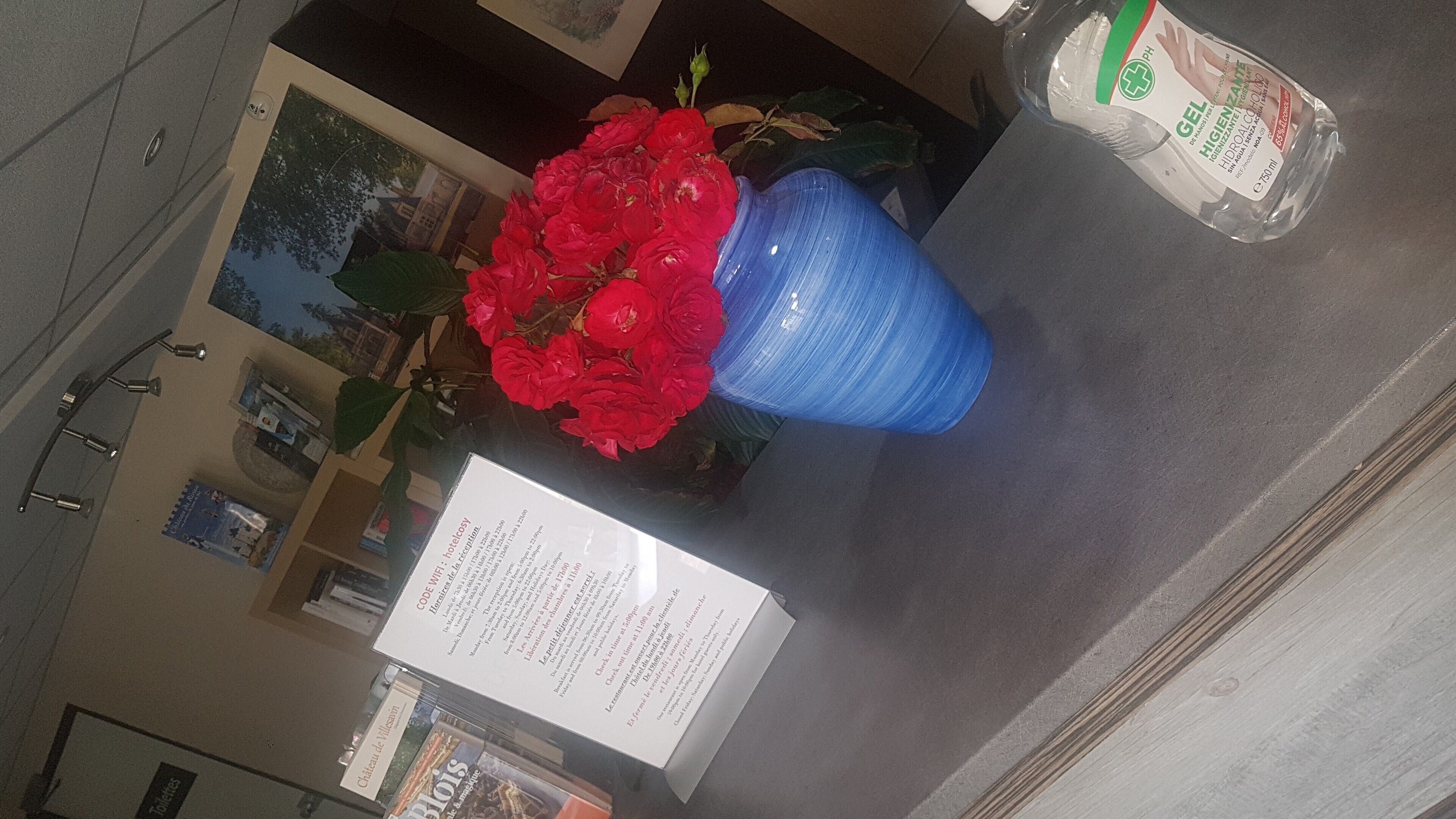 A blue vase with red flowers, a bottle of hand sanitizer, and a sign with text.