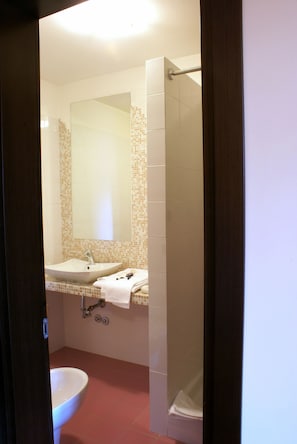 Einzelzimmer | Badezimmer | Dusche, kostenlose Toilettenartikel, Haartrockner, Bademäntel