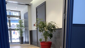 A hallway with a wooden floor, a red potted plant, and a patterned rug. - Hôtel Colbert Tours (Tours)