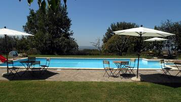 Outdoor pool, a rooftop pool, pool umbrellas, pool loungers