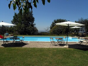 Outdoor pool, a rooftop pool, pool umbrellas, pool loungers