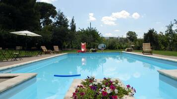 Outdoor pool, a rooftop pool, pool umbrellas, pool loungers