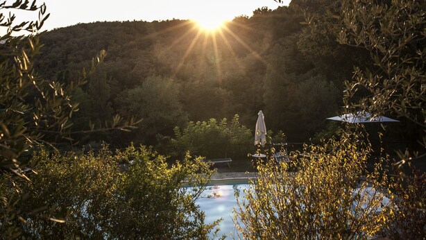 Ein Pool mit einer Statue in der Mitte, umgeben von Bäumen und Hügeln.