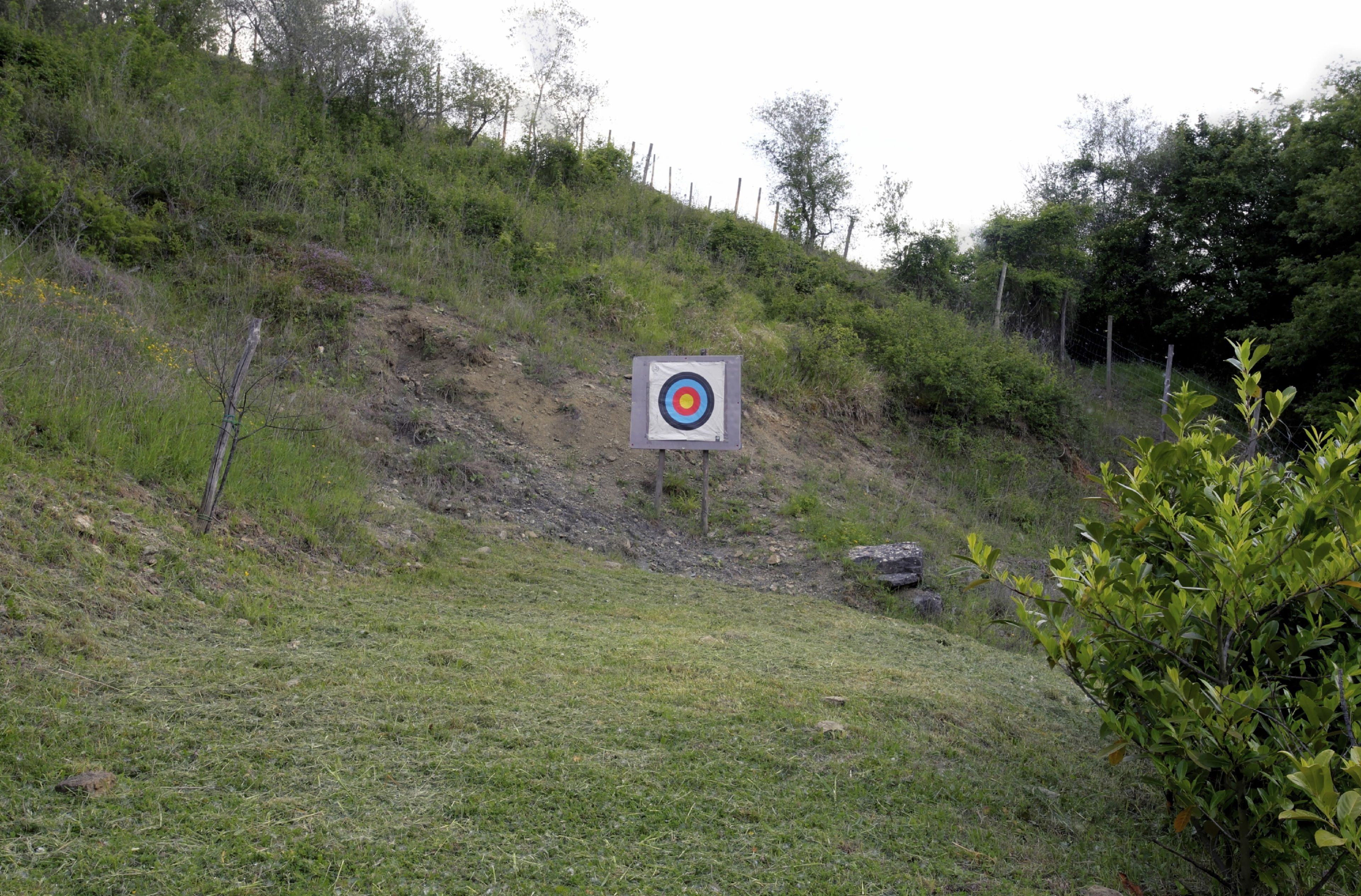 A target sign on a grassy hill with a fence in the background.