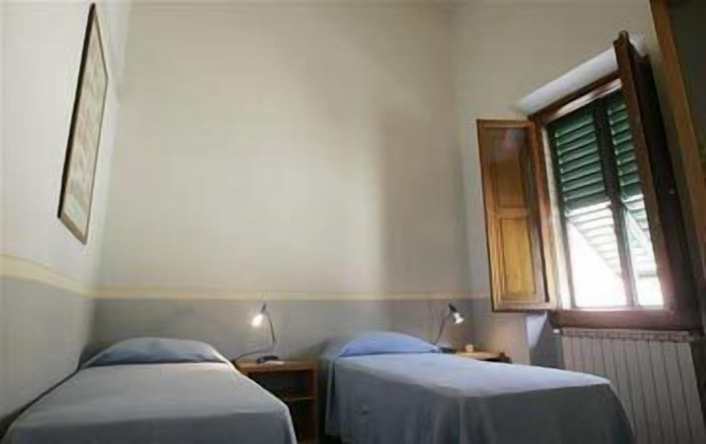 Ein Zimmer mit zwei Einzelbetten, einem Fenster mit Jalousien, einem Heizkörper und einem gerahmten Bild an der Wand.