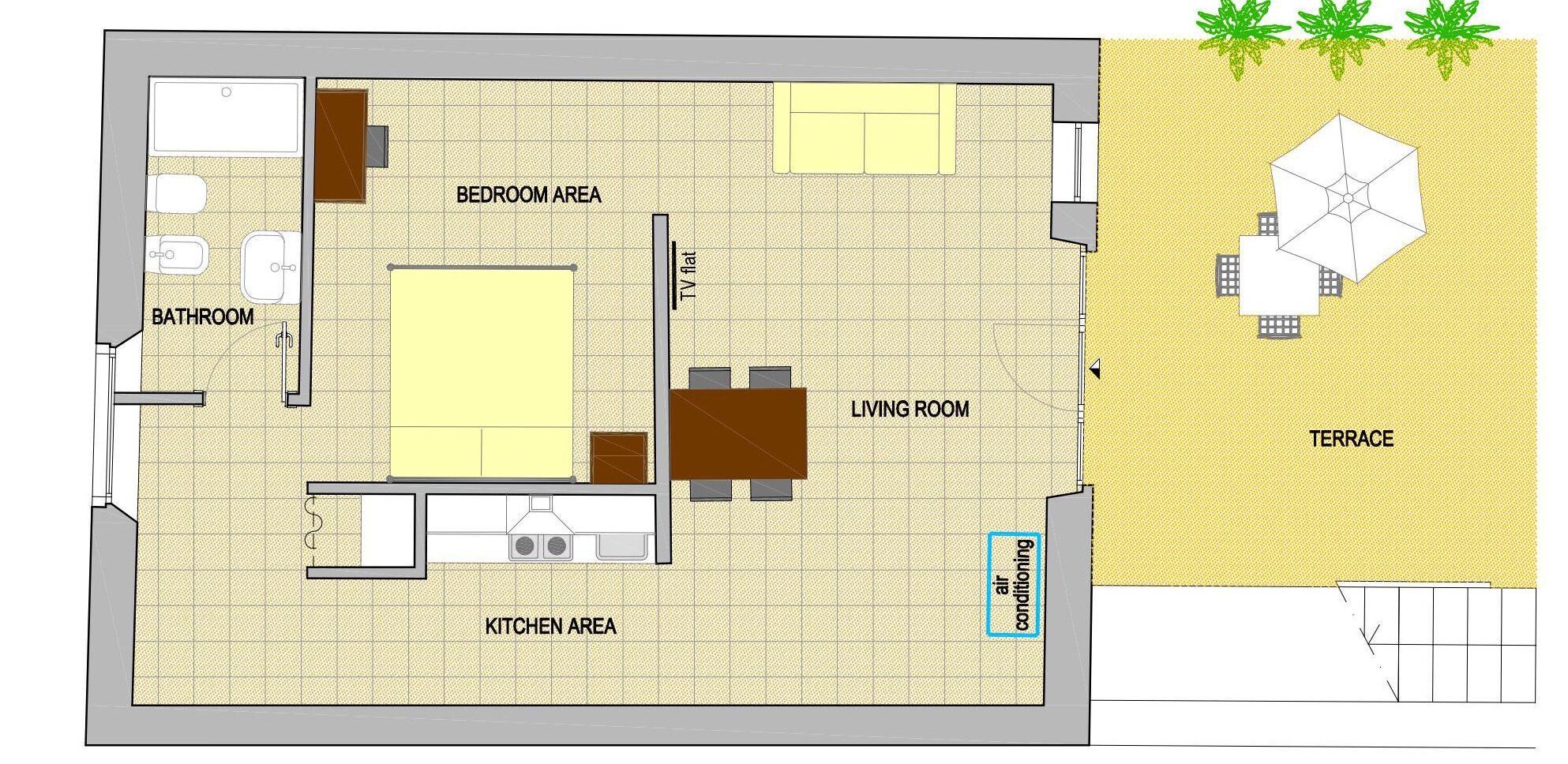 A floor plan of a hotel room with a bathroom, bedroom area, kitchen area, living room, terrace, and air conditioning.