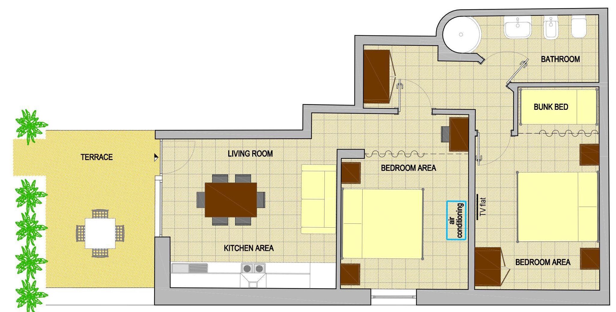 Un plan d’étage comprenant une terrasse, un salon, un coin cuisine, deux chambres et une salle de bain.
