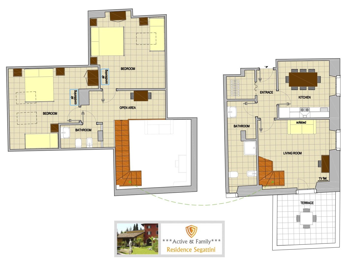 A floor plan of a residence with two bedrooms, a bathroom, an open area, a kitchen, a living room, and a terrace.