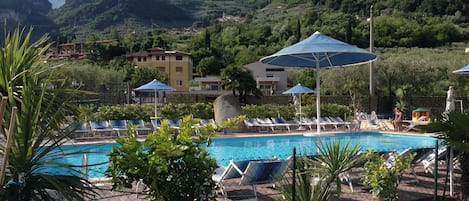 Seasonal outdoor pool, pool umbrellas, pool loungers