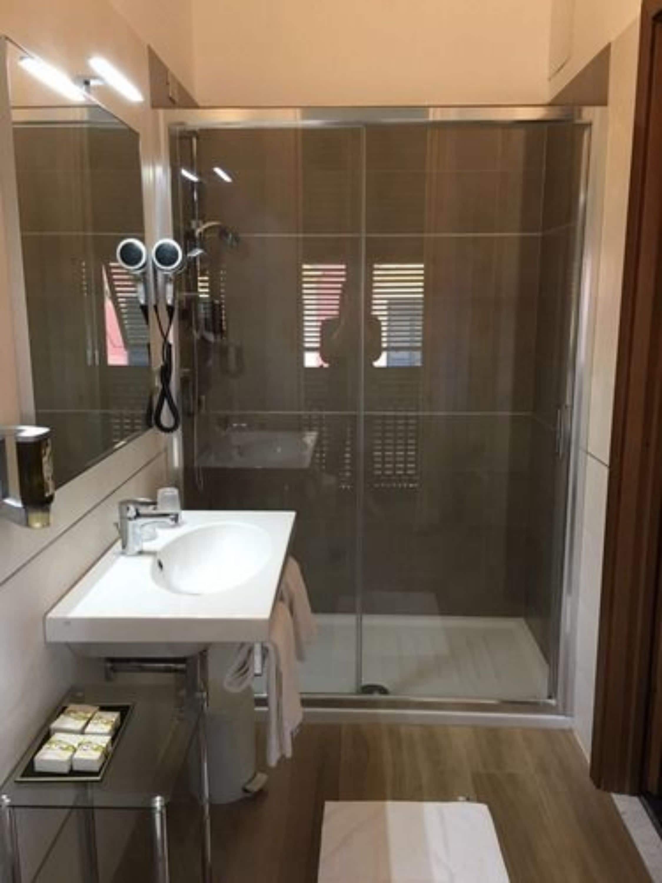 A modern bathroom with a glass shower enclosure, a white sink, and a mirror.