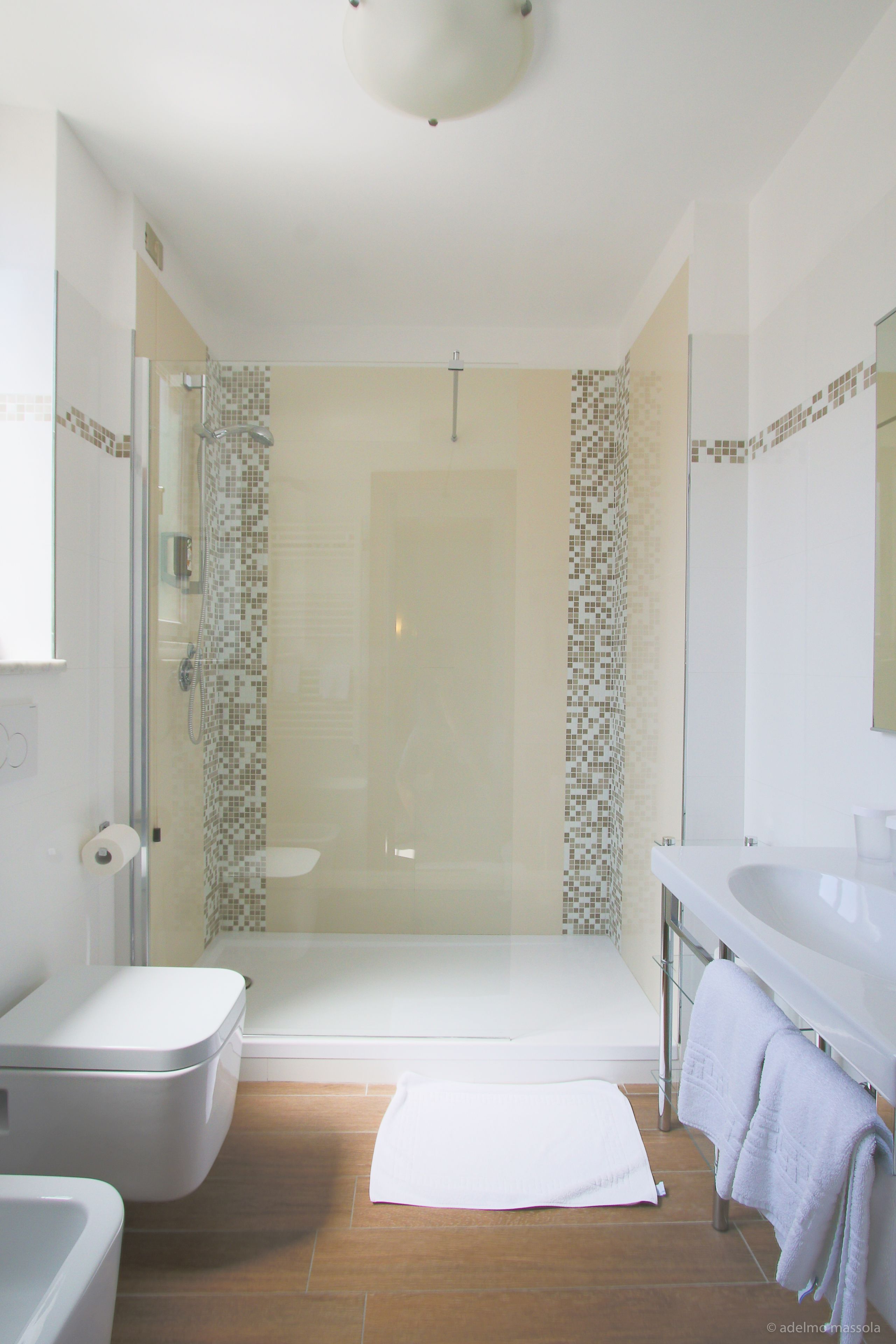 A modern bathroom with a glass-enclosed shower, a white toilet, and a bathtub.