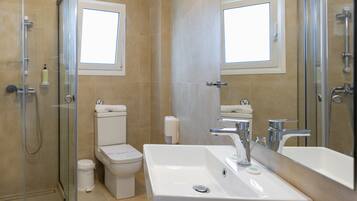 A modern bathroom with a glass-enclosed shower, a white toilet, and a large sink with a mirror above it.