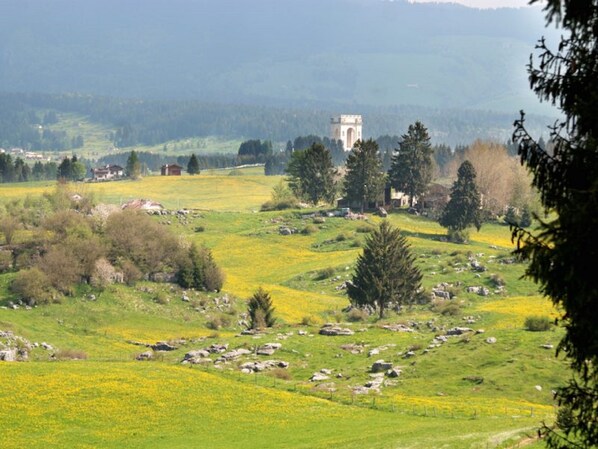 Un paysage rural avec une tour de pierre, des arbres dispersés et des moutons qui paissent.