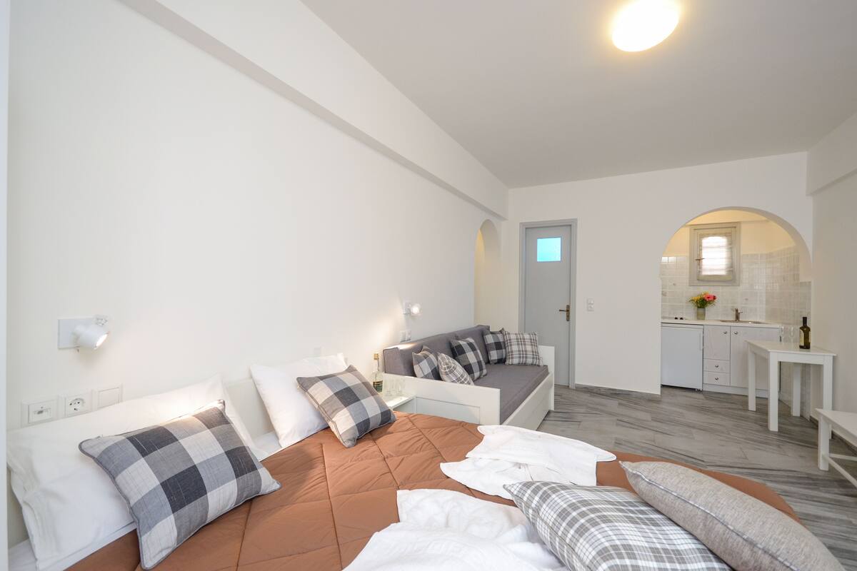 A modern bedroom with a large bed, a sofa bed, and a small kitchenette.