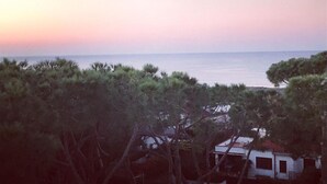 Vista costera con una casa, parcialmente oculta por árboles, que da al mar.