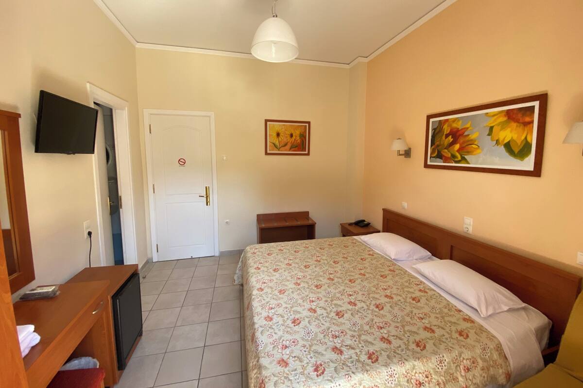 A hotel room with a bed, a desk, a television, a door, and two paintings on the wall.